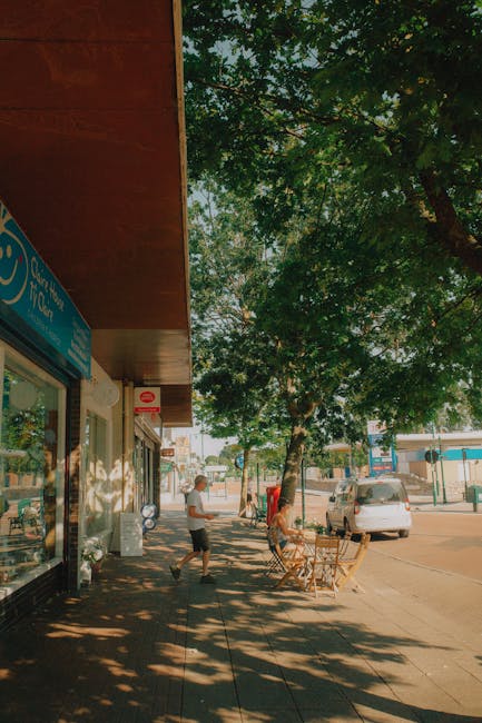 A street view during daytime showing the exterior of a shop with a blue sign, alongside a sidewalk shaded by green leafy trees. Several cardboard boxes and wrapped items are being carried or prepared