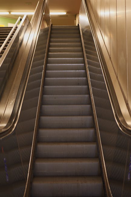 A close-up view of a moving escalator in an indoor setting, with metallic steps and handrails, leading upward with yellow warning strips along the edges. The surrounding walls are covered in wooden paneling, and the lighting is warm, illuminating the descending stairs from above. This scene is part of a home relocation process managed by Man with Van Becontree Heath, illustrating the stairway where furniture or boxes may be carried during the moving service. The image emphasizes the vertical movement involved in house removals, highlighting the importance of proper timing and stairwork coordination when loading or unloading items at a staircase impression within a building, consistent with the services described in the Dagenham Heathway flat moves page.