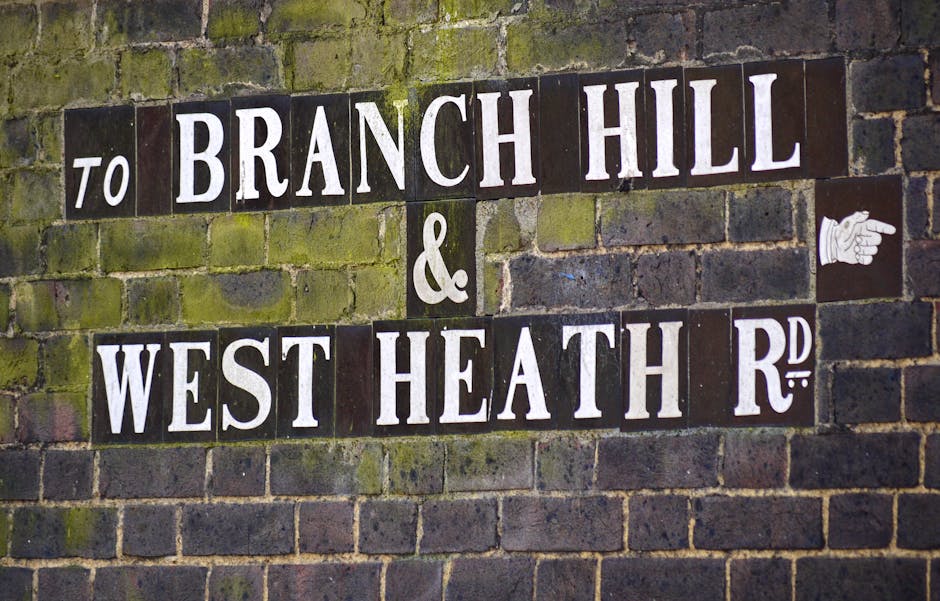 Close-up of a brick wall with moss and weathering, displaying a street sign indicating directions to Branch Hill and West Heath Road. The sign is composed of black background tiles with white lettering in a mix of uppercase fonts. A pointing hand symbol on a separate tile is visible to the right of the sign. This image illustrates an exterior urban environment, possibly within Becontree Heath, and provides context for the area where house removals or furniture transport services by Man with Van Becontree Heath may operate, especially in narrow streets or residential settings.